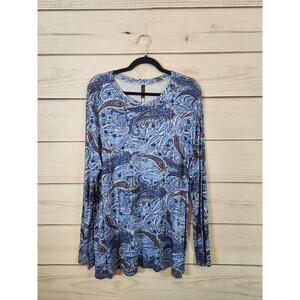 Hotgift Women's Blue Paisley Print Long Sleeve‎ Round Neck Blouse Size 2XL NWT